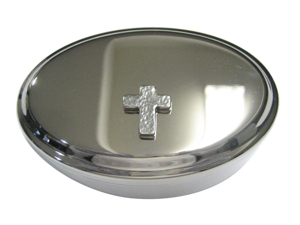 Silver Toned Textured Religious Cross Oval Trinket Jewelry Box