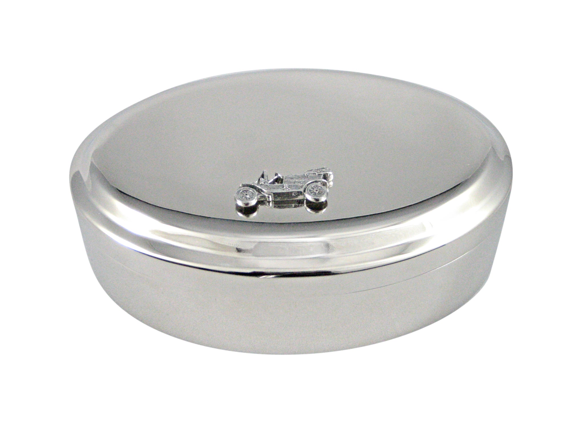Silver Toned Textured Retro Car Pendant Oval Trinket Jewelry Box