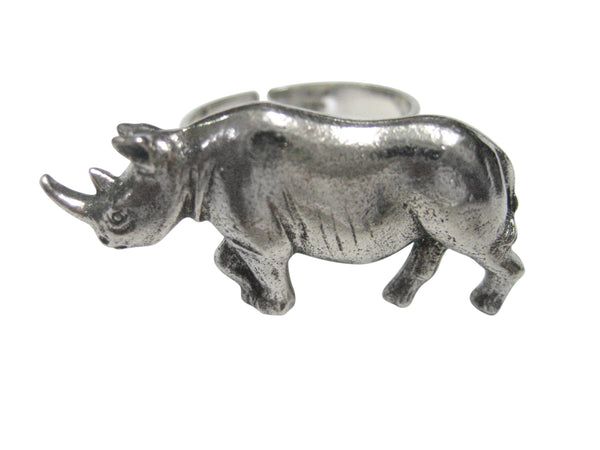 Silver Toned Textured Rhino Adjustable Size Fashion Ring
