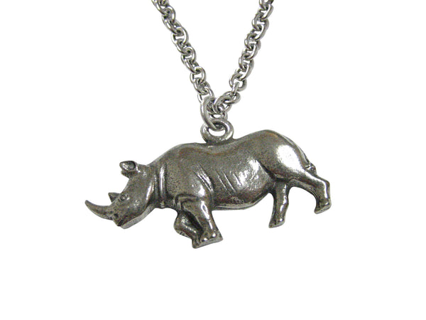 Silver Toned Textured Rhino Pendant Necklace