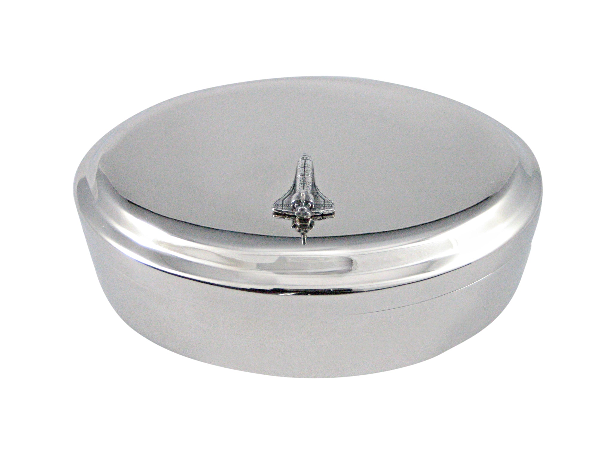 Silver Toned Textured Rocket Space Ship Pendant Oval Trinket Jewelry Box