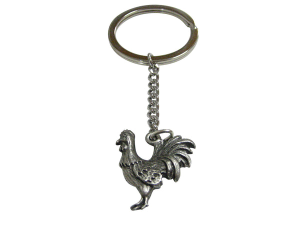 Silver Toned Textured Rooster Chicken Bird Pendant Keychain