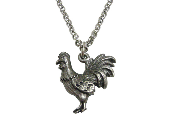 Silver Toned Textured Rooster Chicken Bird Pendant Necklace