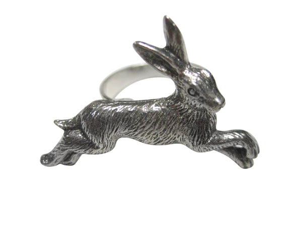 Silver Toned Textured Running Rabbit Hare Adjustable Size Fashion Ring