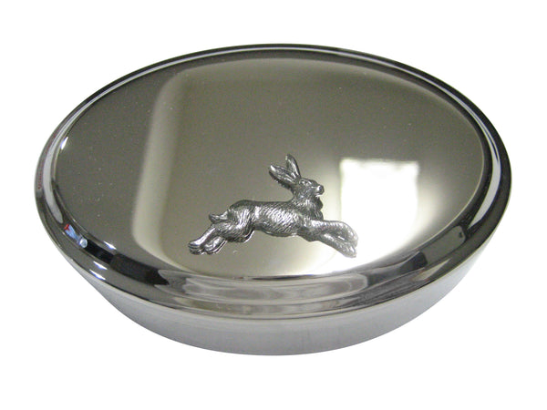 Silver Toned Textured Running Rabbit Hare Oval Trinket Jewelry Box