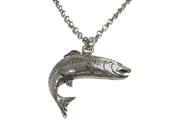 Silver Toned Textured Salmon Fish Pendant Necklace