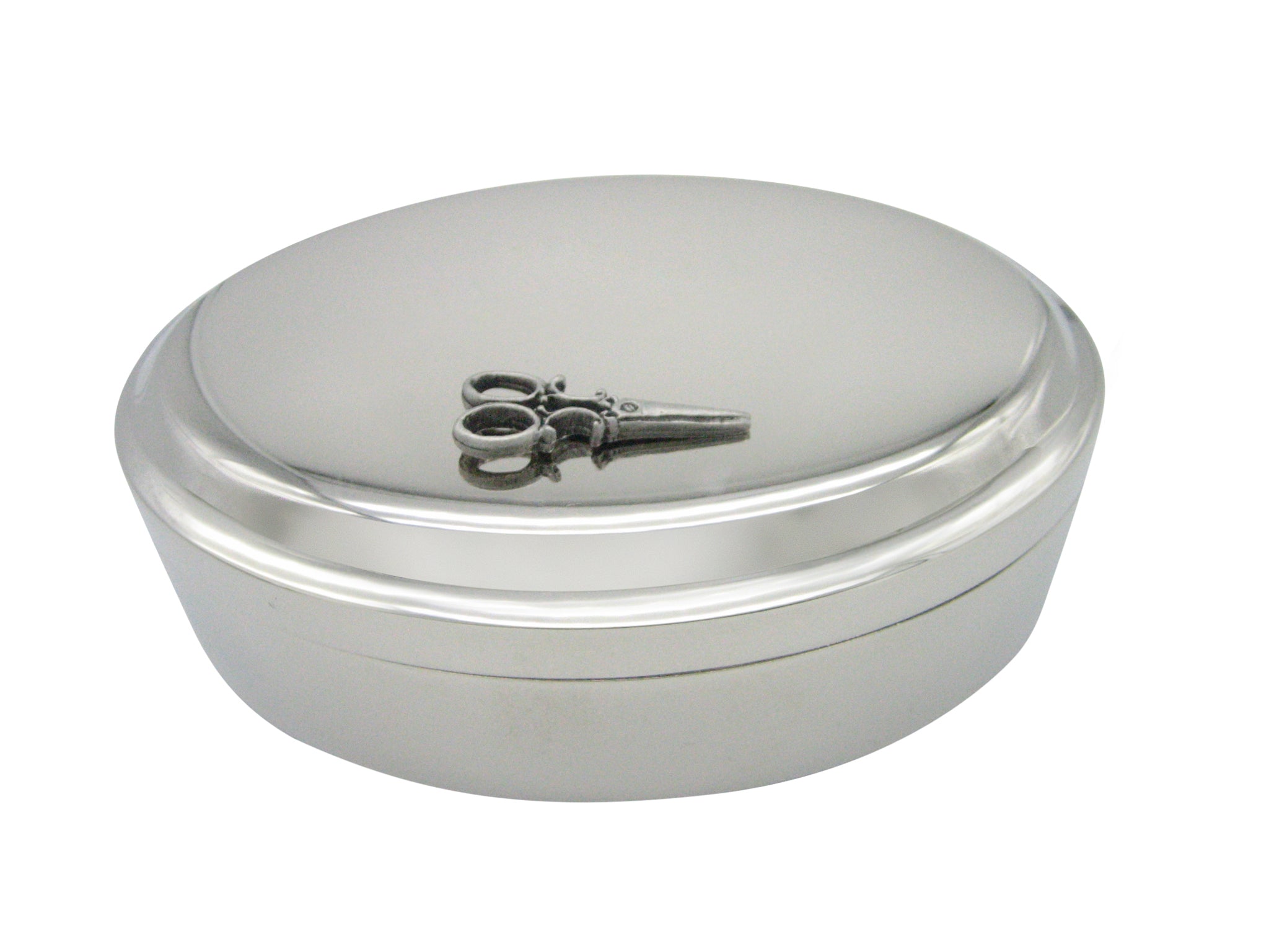 Silver Toned Textured Scissor Pendant Oval Trinket Jewelry Box
