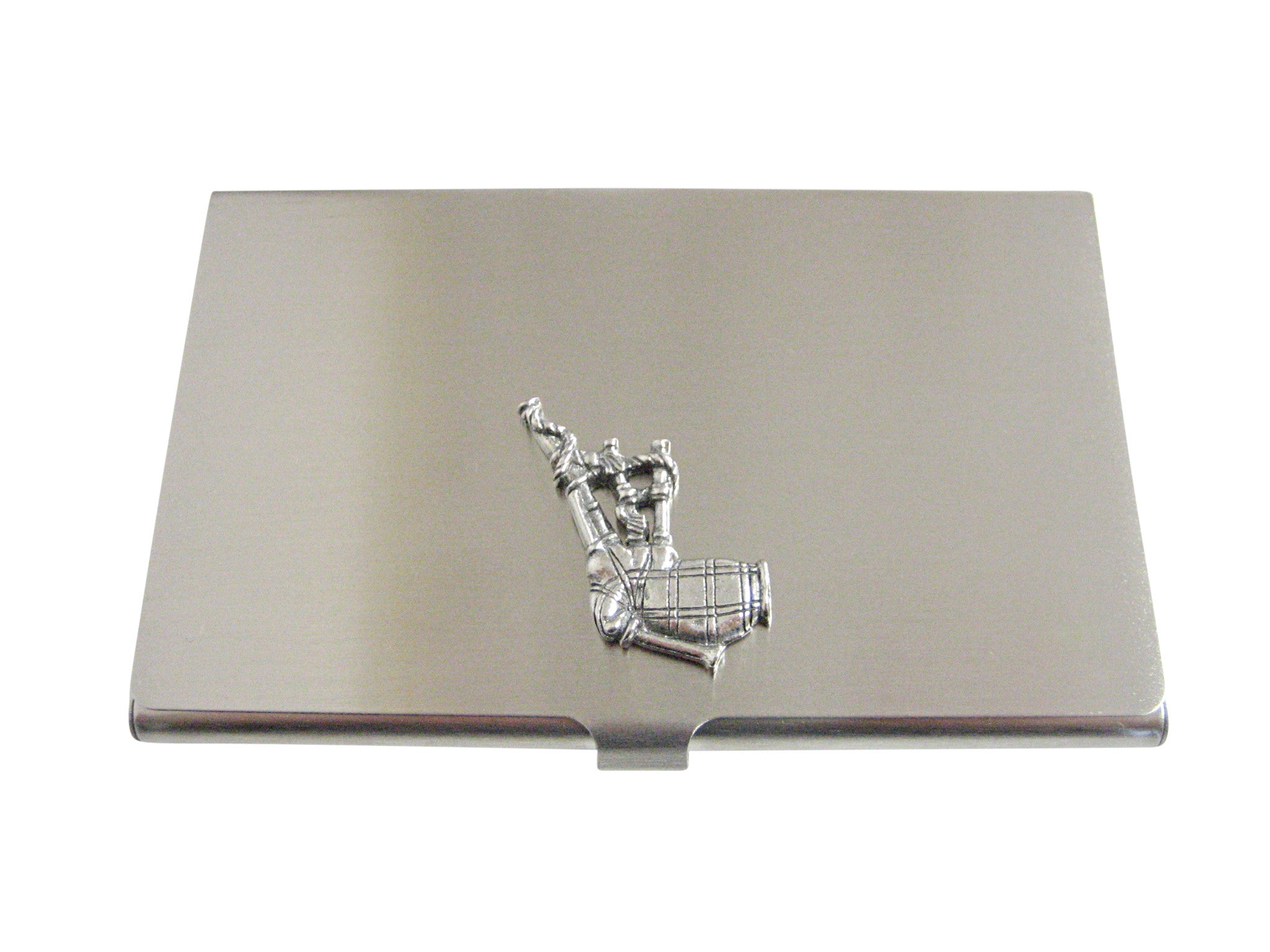 Silver Toned Textured Scottish Bag Pipes Music Instrument Business Card Holder