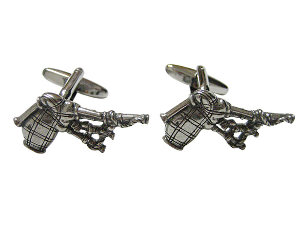 Silver Toned Textured Scottish Bag Pipes Music Instrument Cufflinks