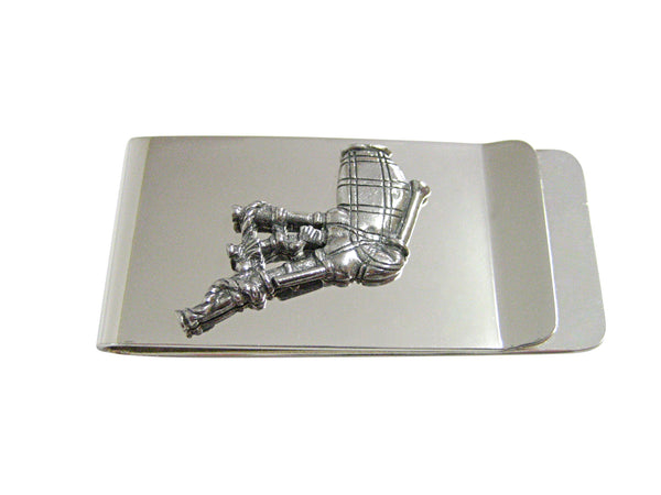 Silver Toned Textured Scottish Bag Pipes Music Instrument Money Clip