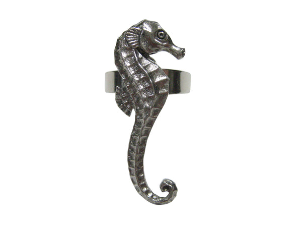 Silver Toned Textured Sea Horse Adjustable Size Fashion Ring