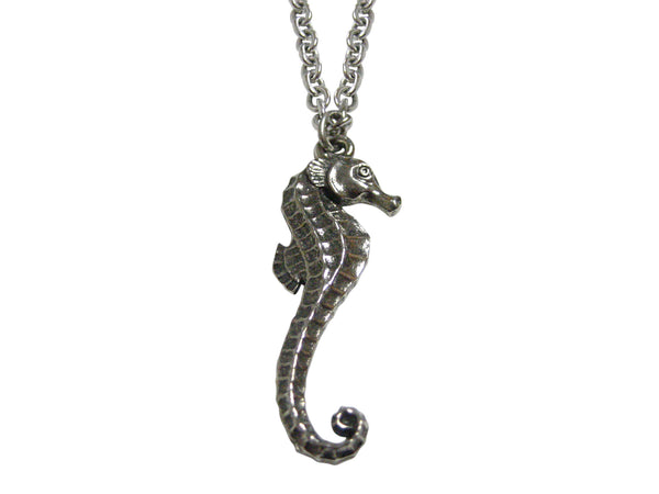 Silver Toned Textured Sea Horse Pendant Necklace