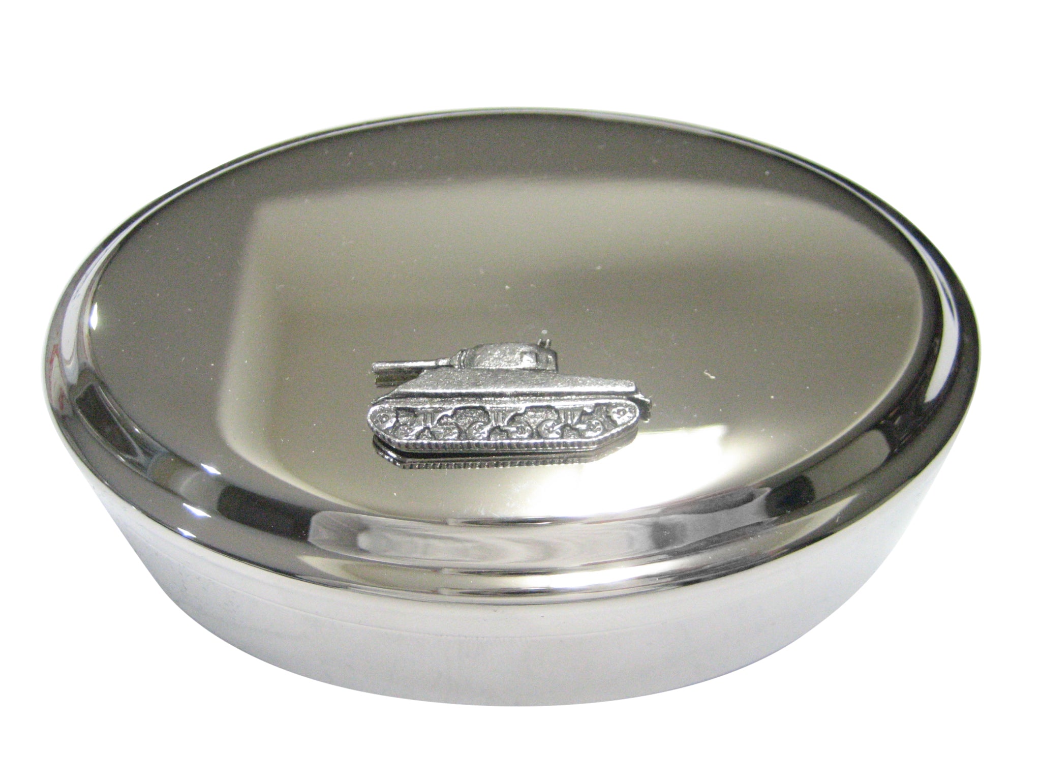 Silver Toned Textured Sherman War Tank Oval Trinket Jewelry Box
