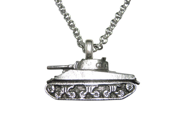 Silver Toned Textured Sherman War Tank Pendant Necklace