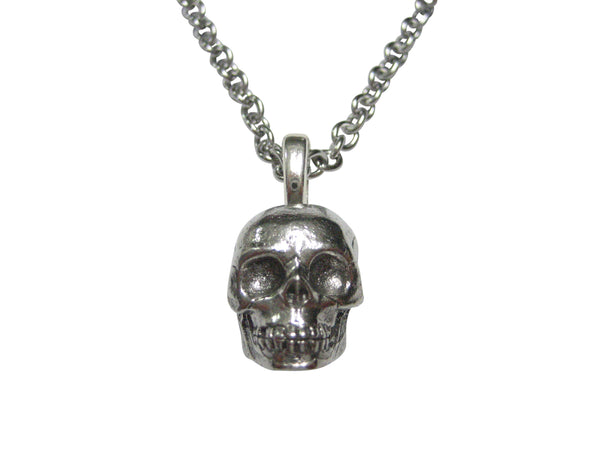 Silver Toned Textured Skull Pendant Necklace