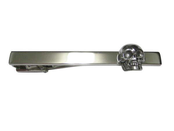 Silver Toned Textured Skull Square Tie Clip