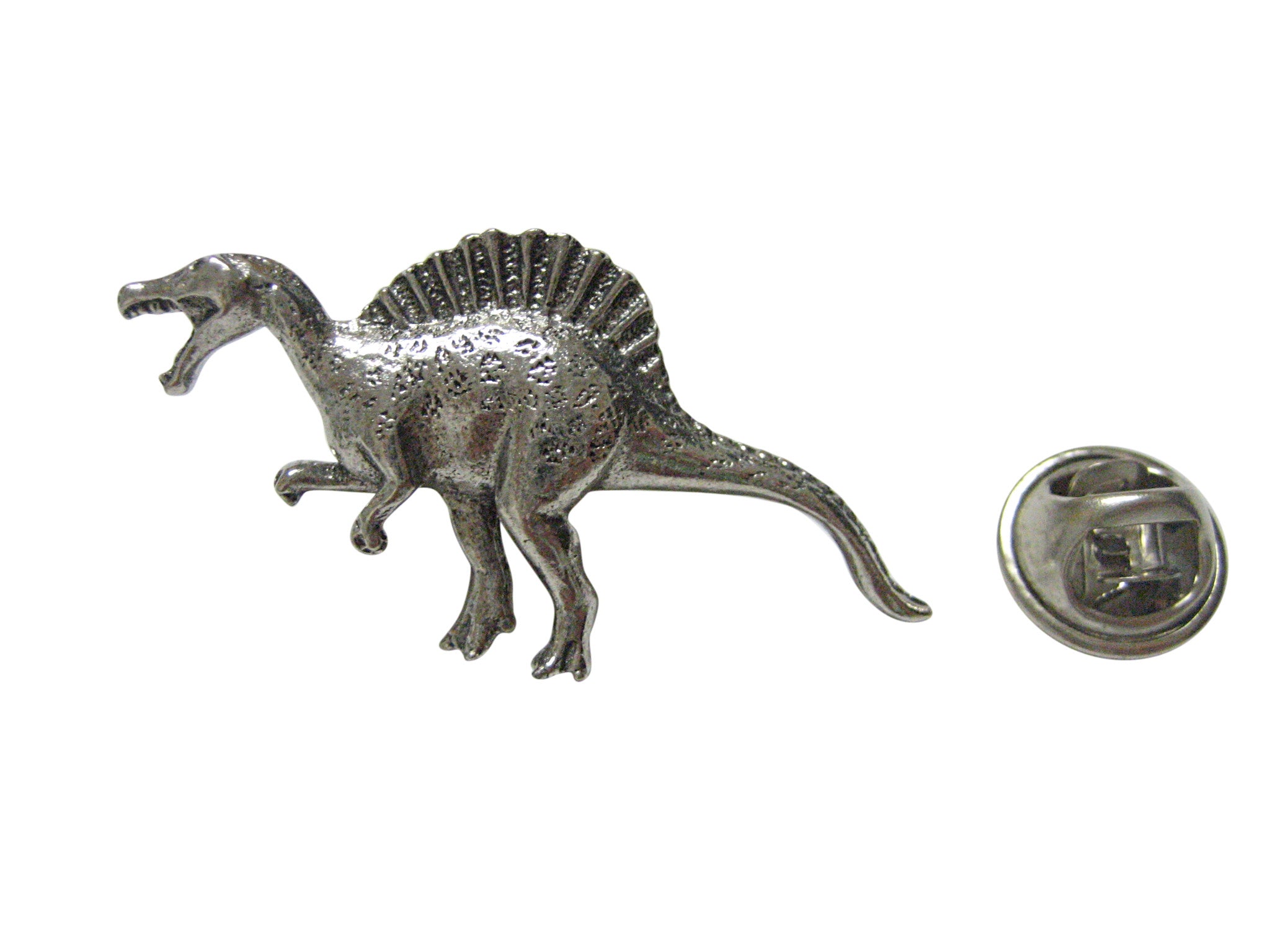 Silver Toned Textured Spinosaurus Dinosaur Lapel Pin Kiola Designs