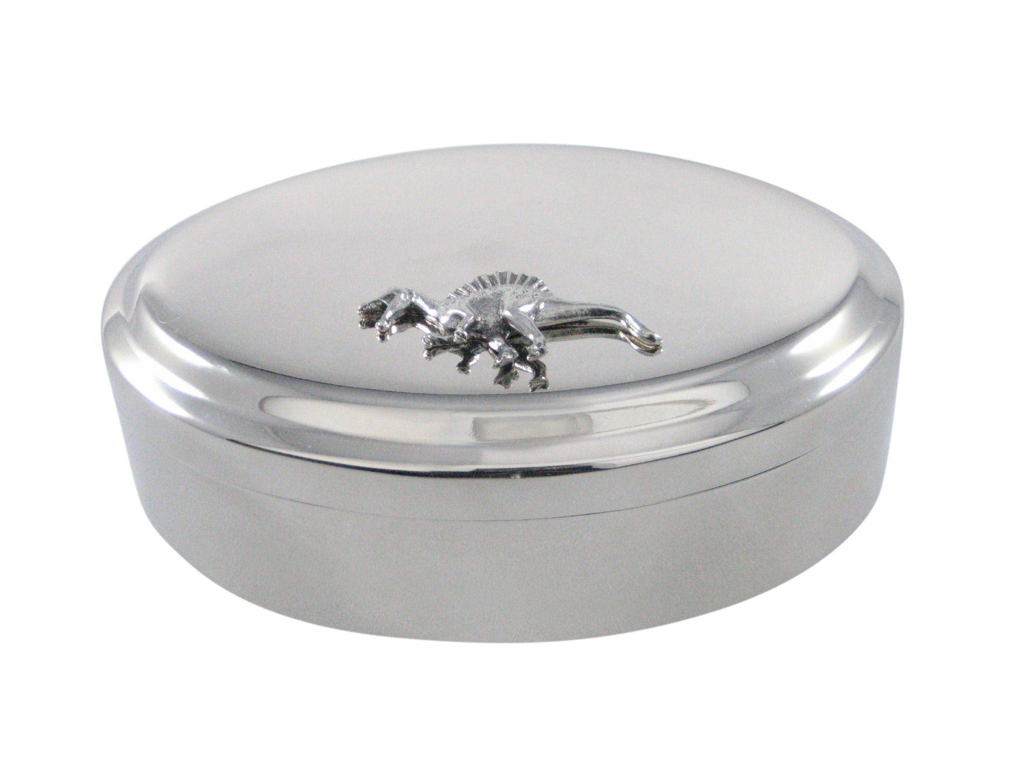 Silver Toned Textured Spinosaurus Dinosaur Pendant Oval Trinket Jewelry Box
