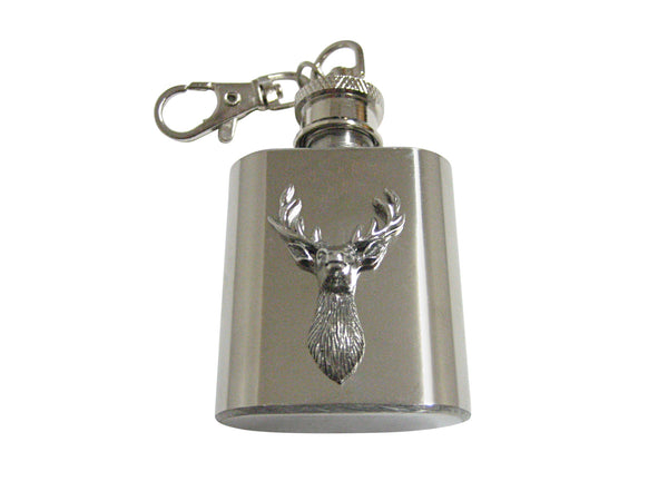 Silver Toned Textured Stag Deer Head 1 Oz. Stainless Steel Key Chain Flask