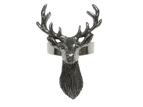 Silver Toned Textured Stag Deer Head Adjustable Size Fashion Ring