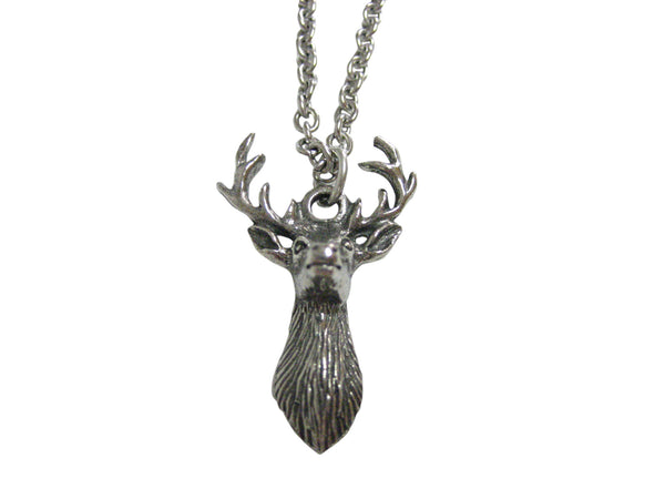 Silver Toned Textured Stag Deer Head Pendant Necklace