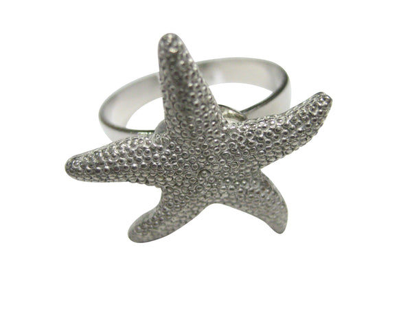 Silver Toned Textured Starfish Adjustable Size Fashion Ring