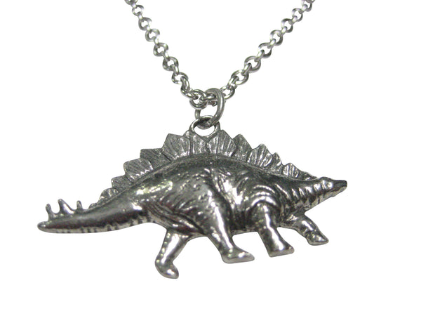 Silver Toned Textured Stegosaurus Dinosaur Pendant Necklace