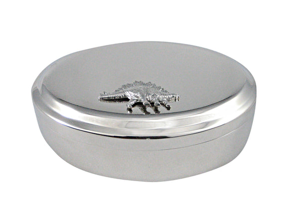 Silver Toned Textured Stegosaurus Dinosaur Pendant Oval Trinket Jewelry Box