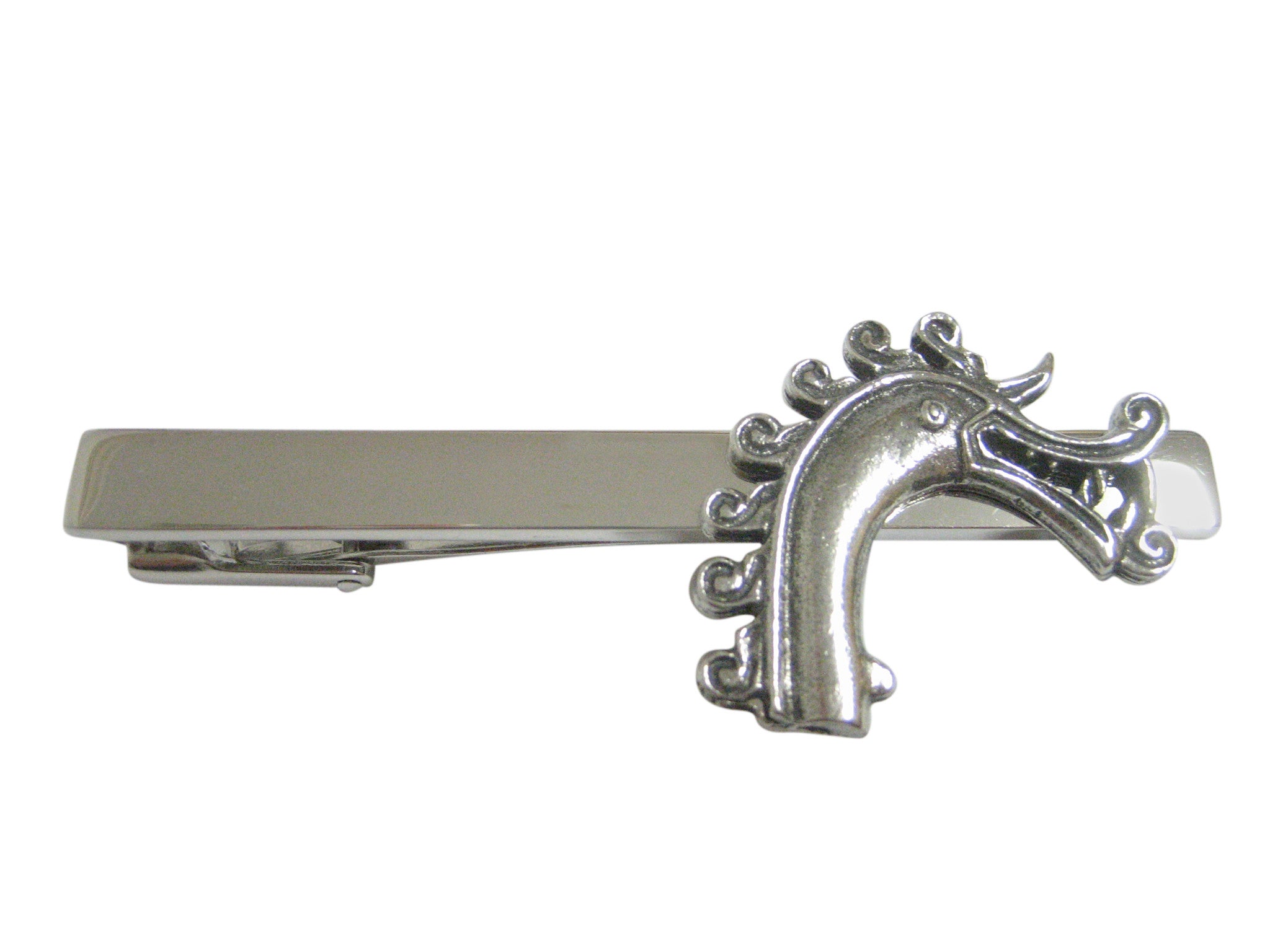 Silver Toned Textured Viking Dragon Head Square Tie Clip