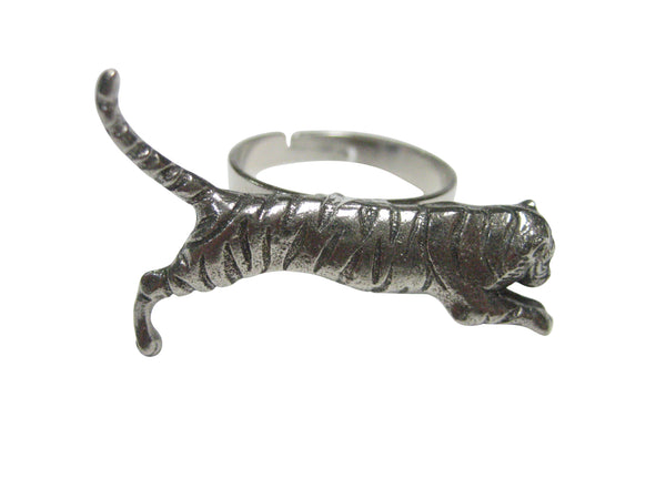 Silver Toned Textured Tiger Adjustable Size Fashion Ring