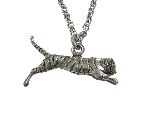 Silver Toned Textured Tiger Pendant Necklace