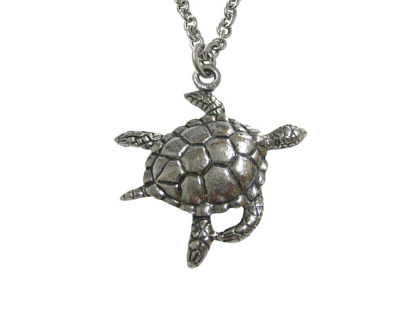 Silver Toned Textured Turtle Tortoise Pendant Necklace