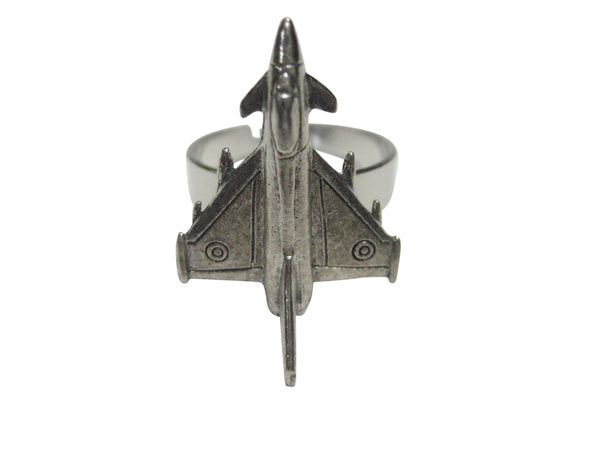 Silver Toned Textured Typhoon Jet Fighter Plane Adjustable Size Fashion Ring