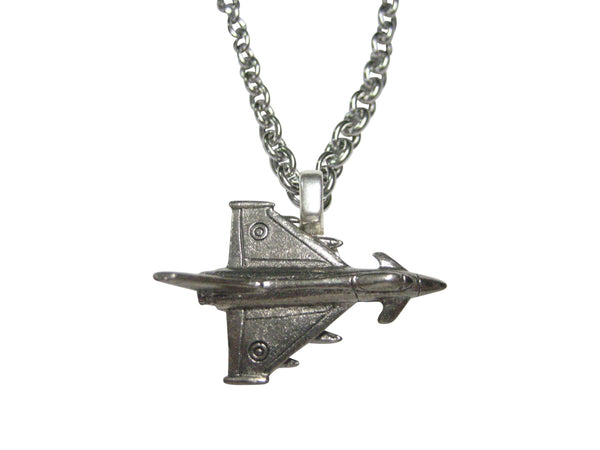 Silver Toned Textured Typhoon Jet Fighter Plane Pendant Necklace