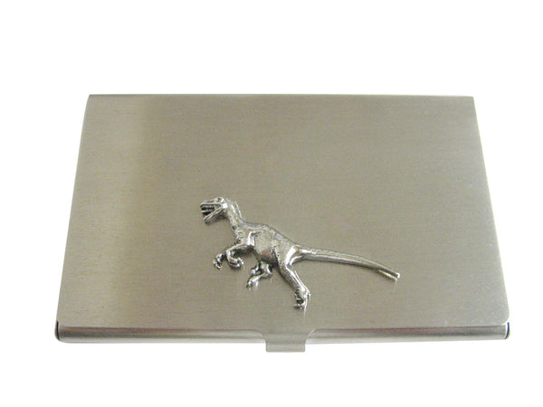 Silver Toned Textured Velociraptor Dinosaur Business Card Holder