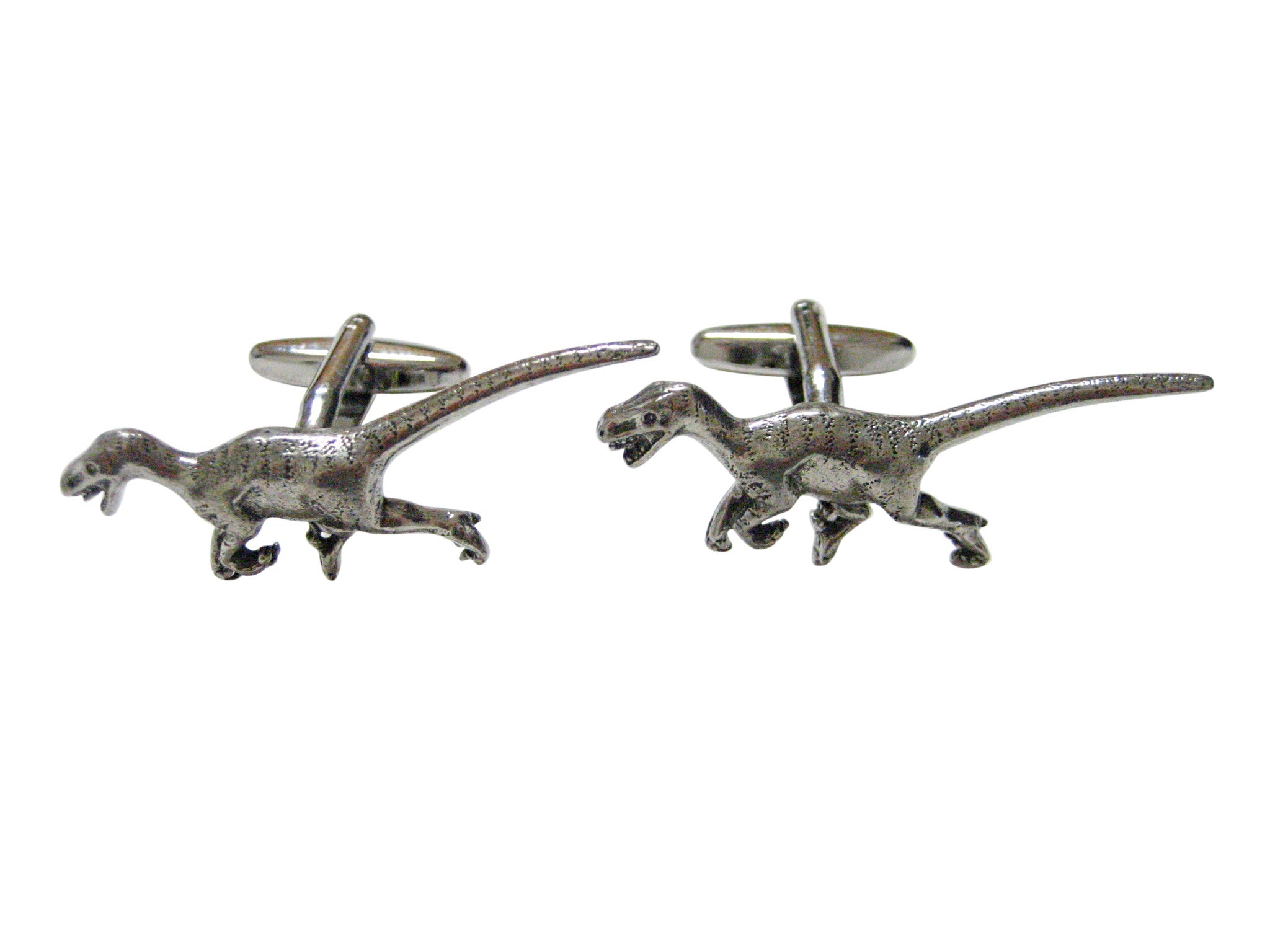 Silver Toned Textured Velociraptor Dinosaur Cufflinks