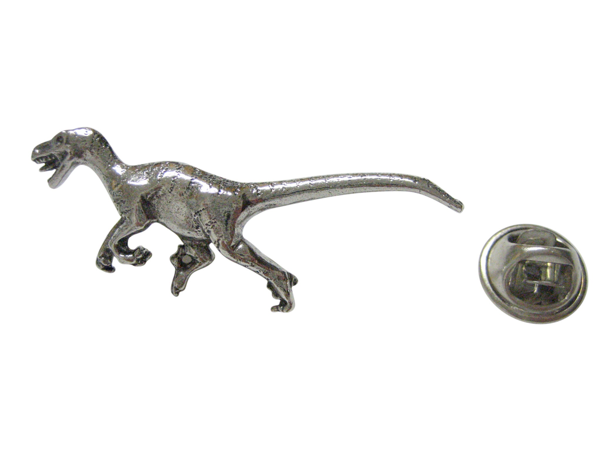 Silver Toned Textured Velociraptor Dinosaur Lapel Pin