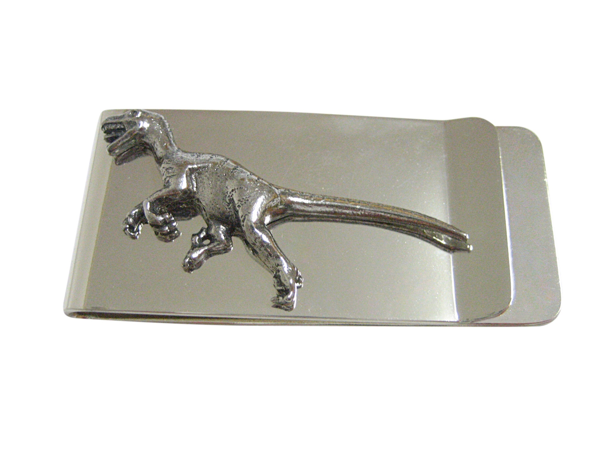 Silver Toned Textured Velociraptor Dinosaur Money Clip