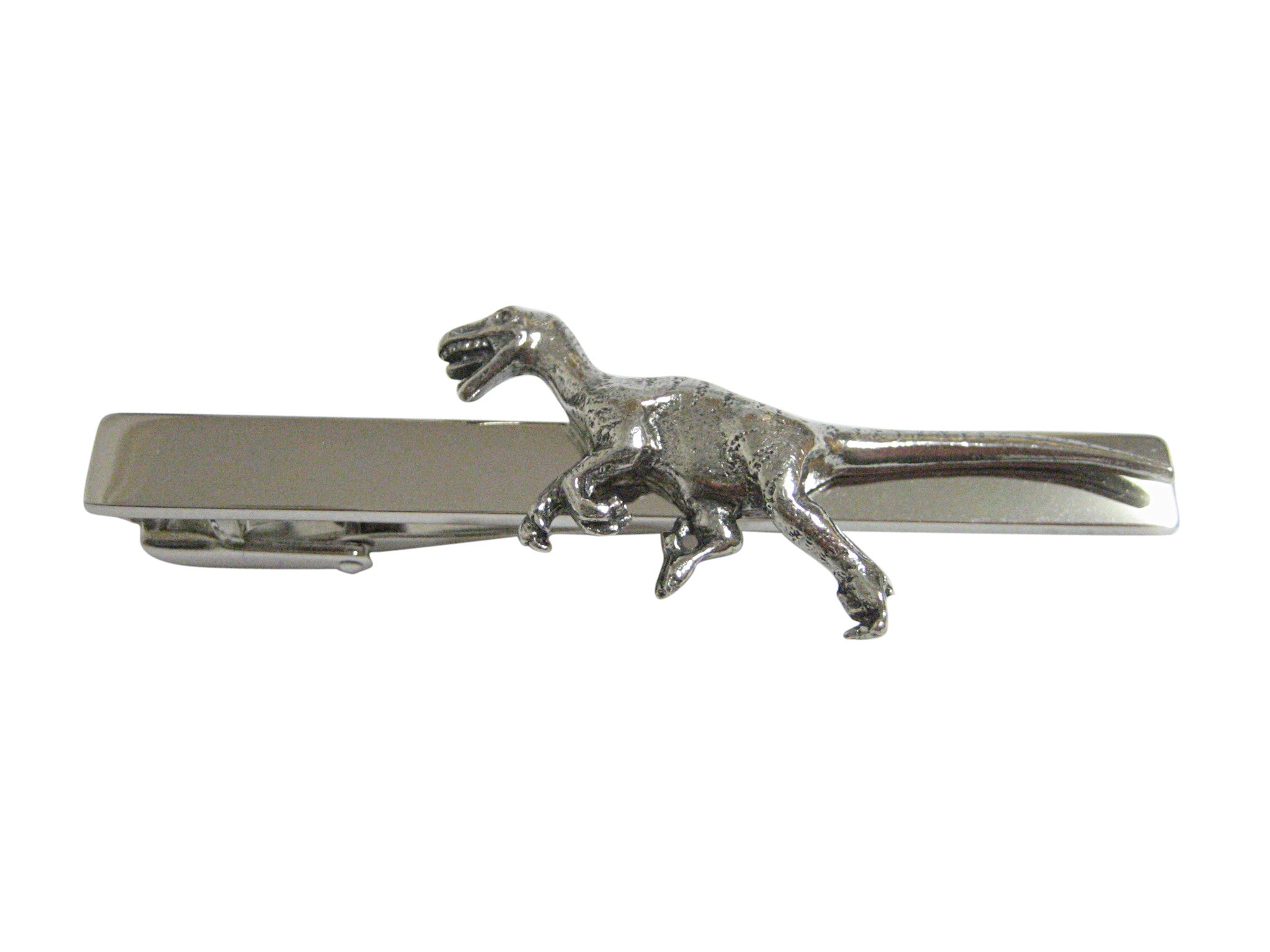 Silver Toned Textured Velociraptor Dinosaur Square Tie Clip