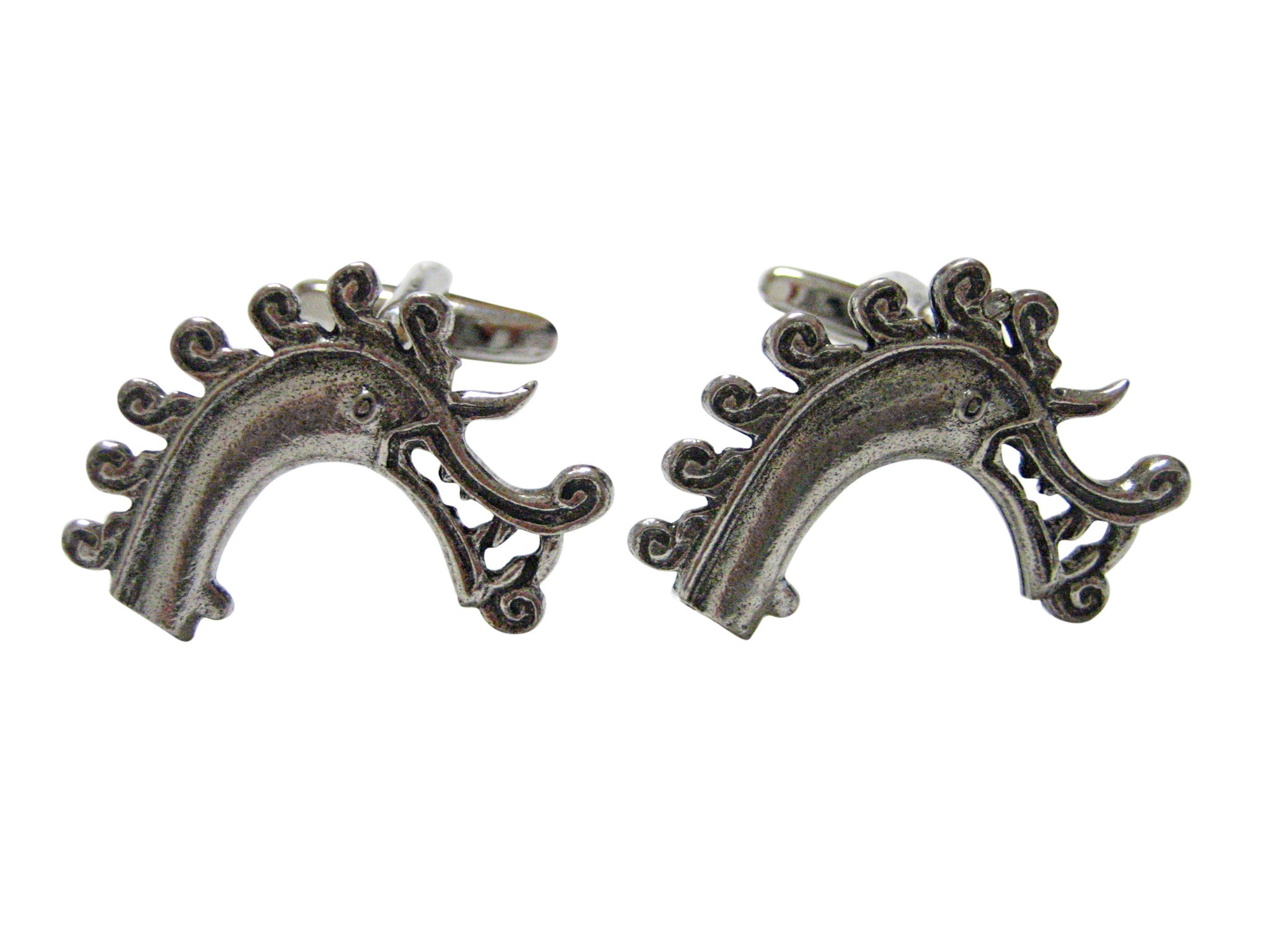 Silver Toned Textured Viking Dragon Head Pendant Cufflinks
