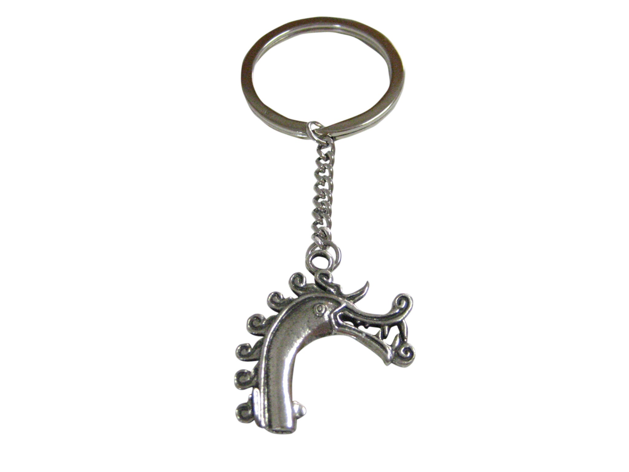 Silver Toned Textured Viking Dragon Head Pendant Keychain