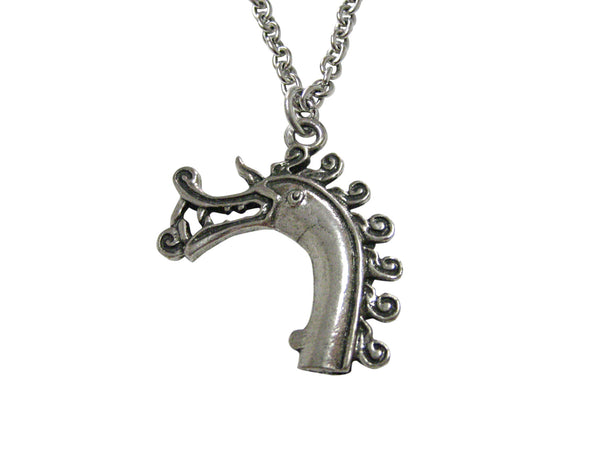 Silver Toned Textured Viking Dragon Head Pendant Necklace