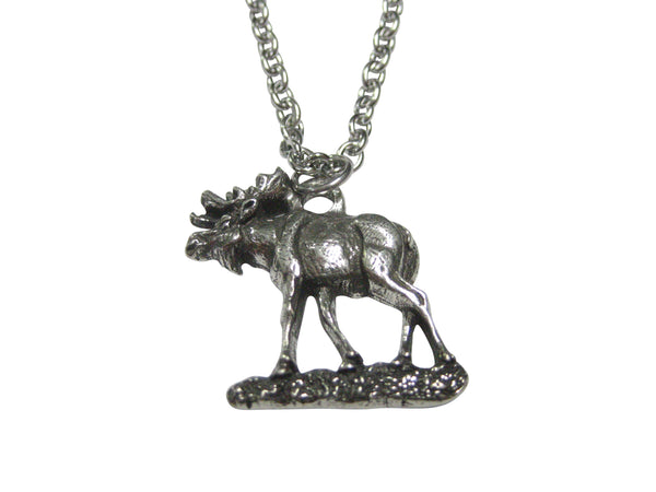 Silver Toned Textured Walking Moose Pendant Necklace