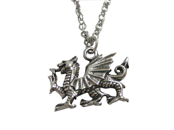 Silver Toned Textured Welsh Dragon Pendant Necklace