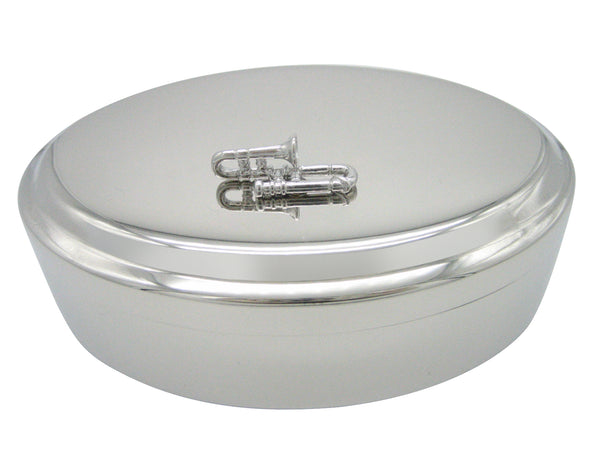 Silver Toned Trombone Music Instrument Pendant Oval Trinket Jewelery Box