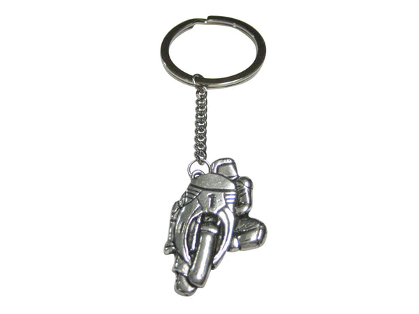 Silver Toned Turning Racing Motorcycle Pendant Keychain