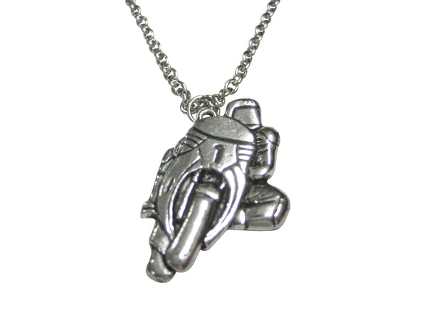 Silver Toned Turning Racing Motorcycle Pendant Necklace