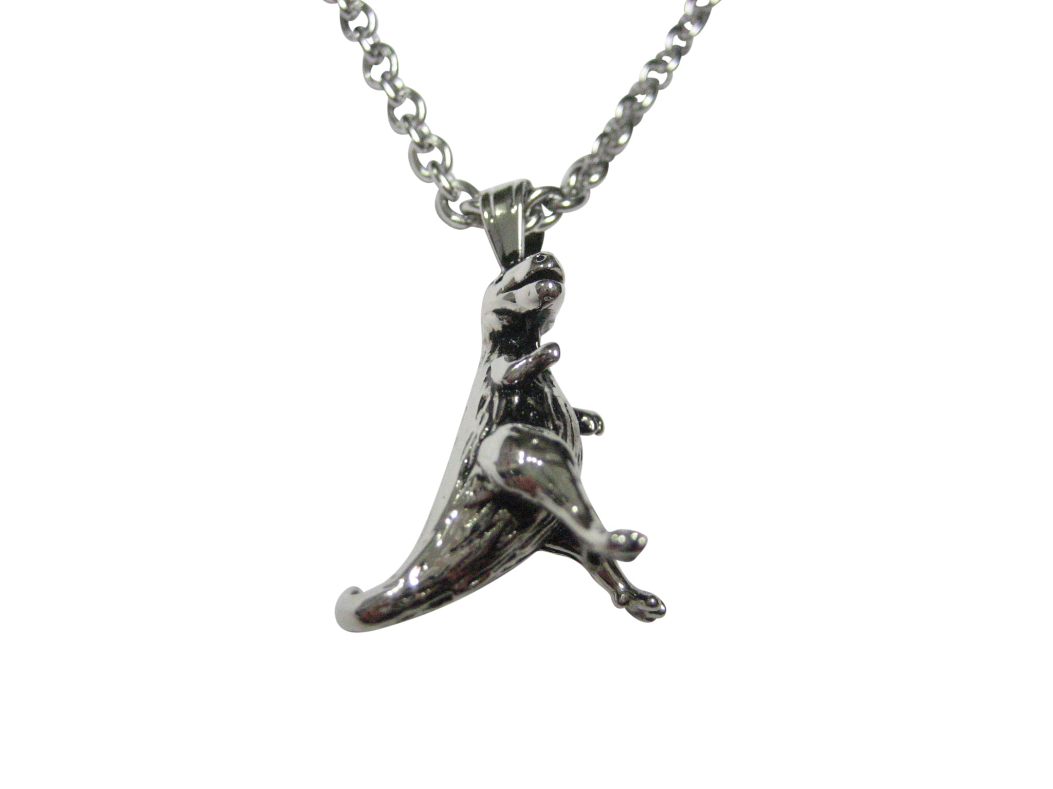 Silver Toned Tyrannosaurus Rex Dinosaur Pendant Necklace