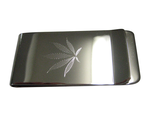Silver Toned Vertical Etched Weed Marijuana Plant Money Clip