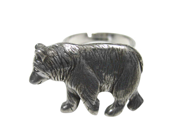 Silver Toned Walking Bear Adjustable Size Fashion Ring